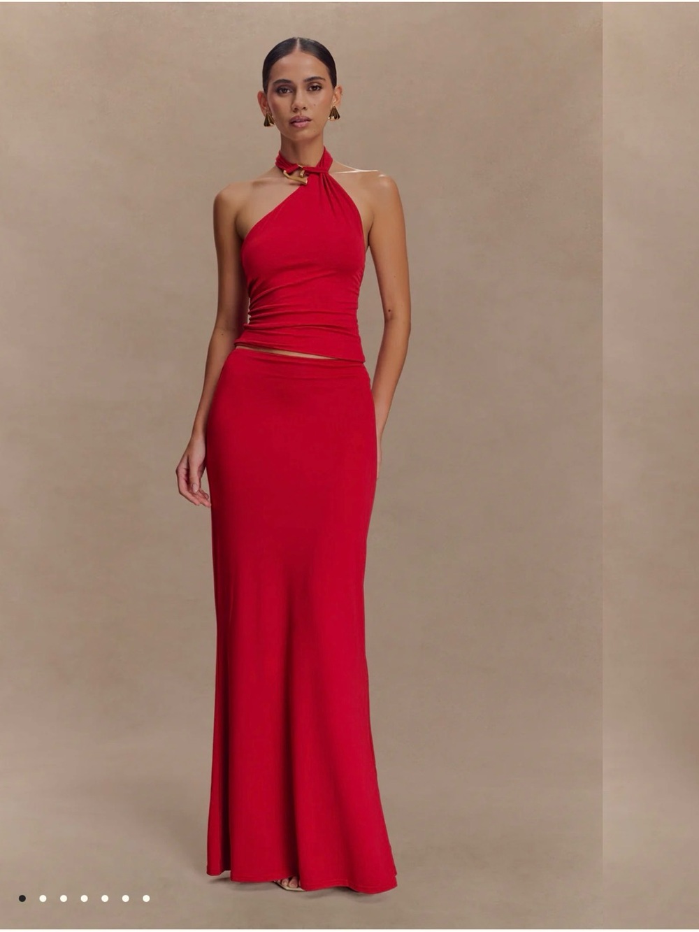 Meshki Red Halter Maxi Dress with Twist Neck